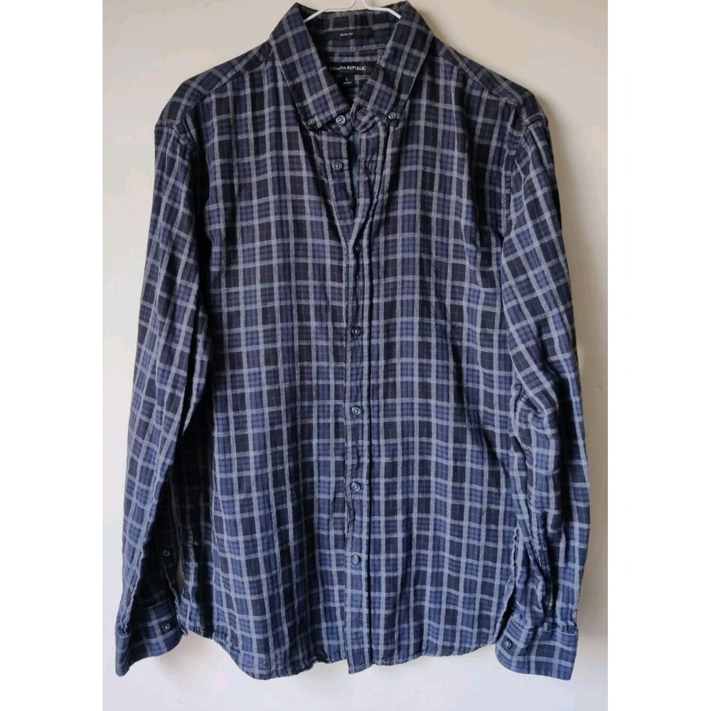 Banana Republic Flannel Slim Fit Shirt Button Up Blue/Gray/Black Plaid Mens Lg